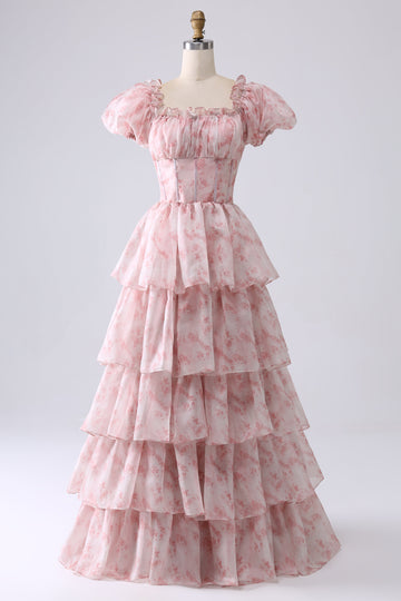 Blush A Line Square Neck Tiered Prom Dress med Ruffles